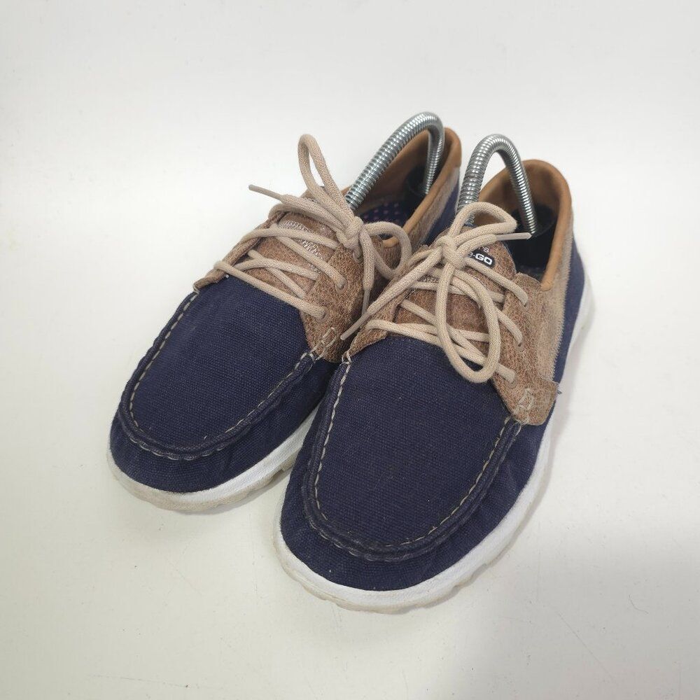 Skechers Relaxed Fit Women's Breathe Easy Fortune Knit Boat Shoes Navy Tan 8.5